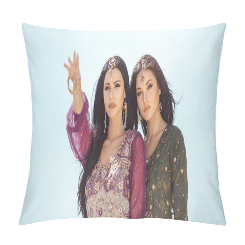 Personality  Travel Concept. Two Gordeous Women Sisters Traveling In Desert. Arabian Indian Movie Stars. Pillow Covers