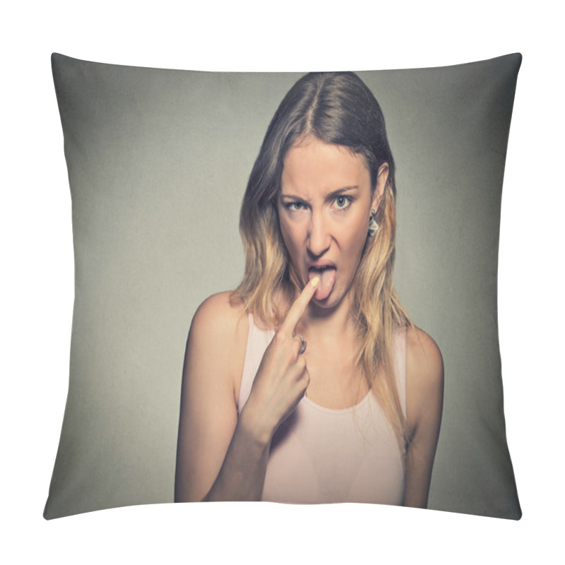 Personality  Woman, Annoyed, Frustrated Fed Up Sticking Her Finger In Throat Pillow Covers