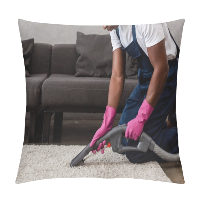 Personality  Cropped View Of African American Cleaner Using Vacuum Cleaner On Carpet In Living Room Pillow Covers