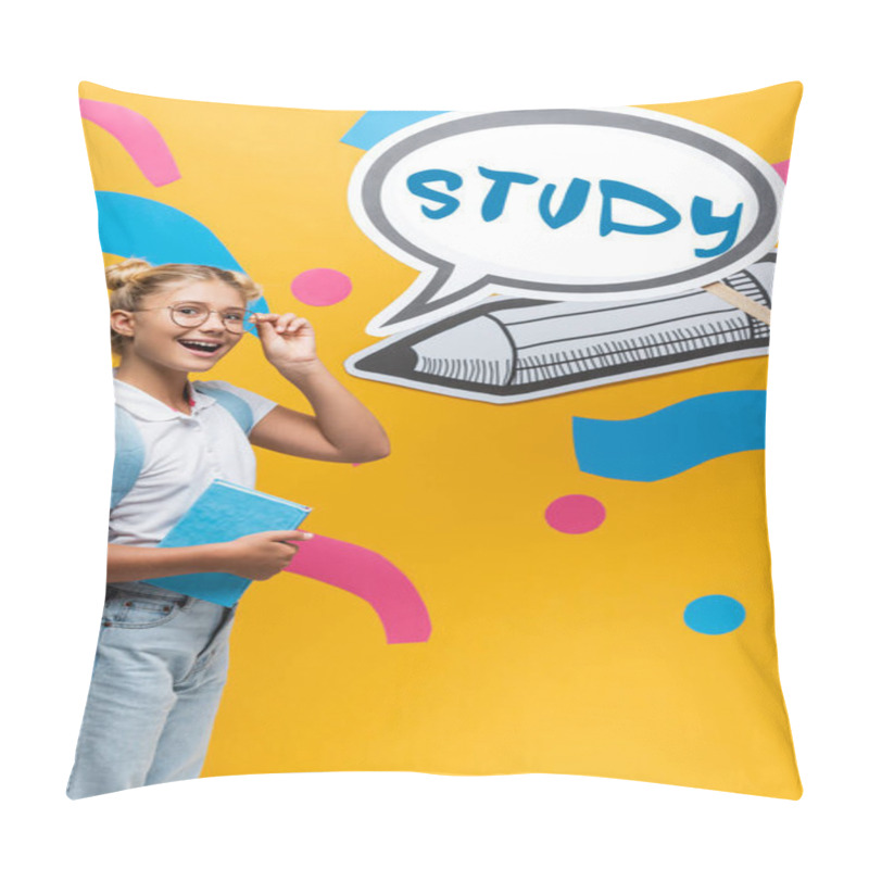 Personality  Schoolkid With Backpack And Eyeglasses Standing Beside Speech Bubble With Study Lettering And Paper Craft On Yellow  Pillow Covers