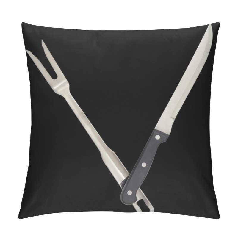 Personality  Serving Fork And Carving Knife Isolated On Black Background Pillow Covers