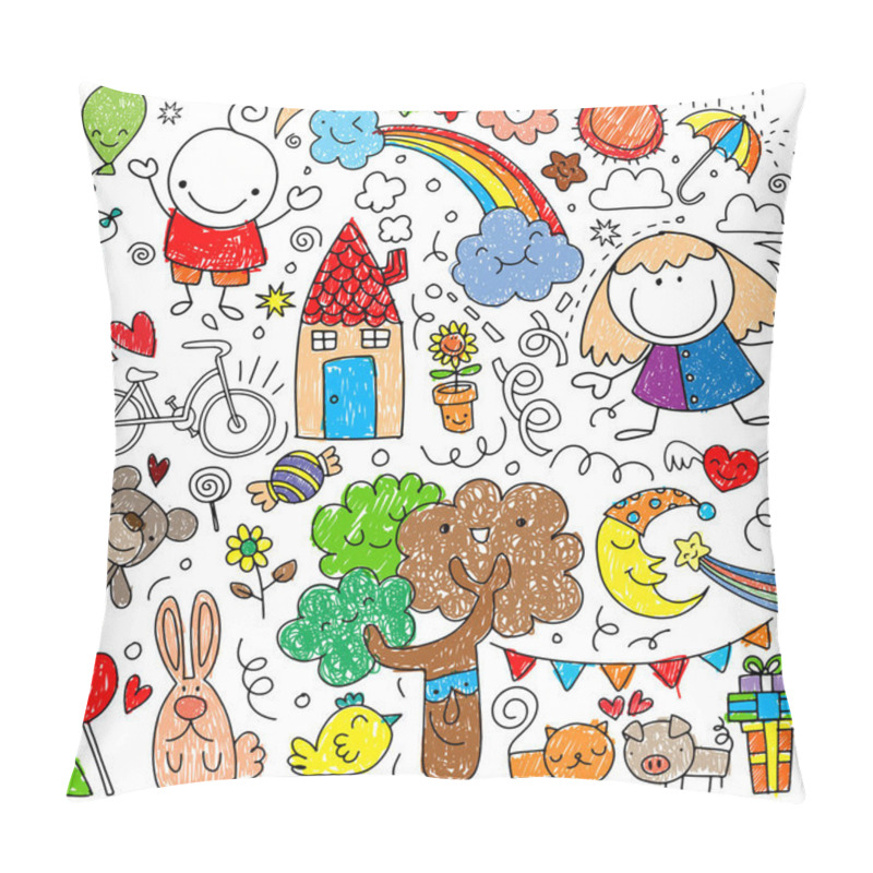 Personality  Collection Of Cute Children's Drawings Of Kids, Animals, Nature, Pillow Covers