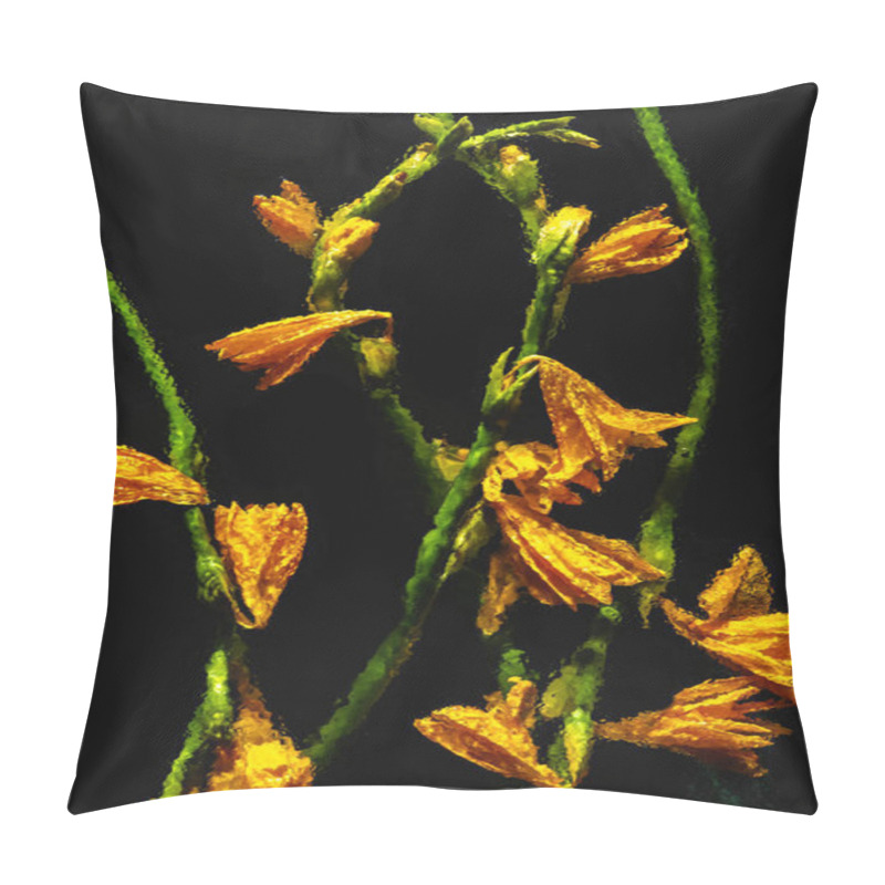 Personality  Beautiful Blooming Wet Orange Lilies And Buds With Green Stems Isolated On Black Pillow Covers