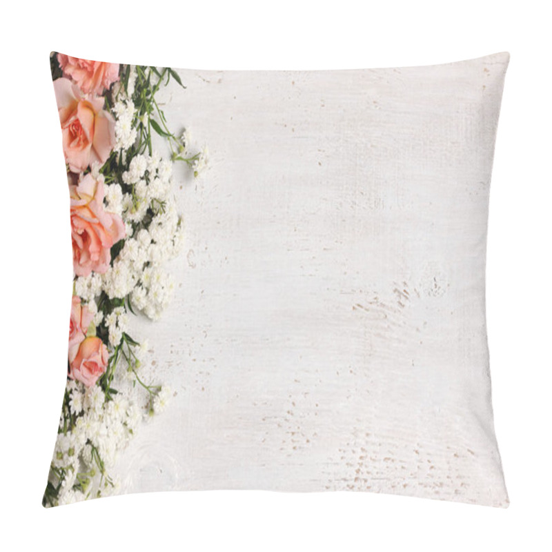 Personality  Border Of Floral Arrangement On White Wooden Background Pillow Covers