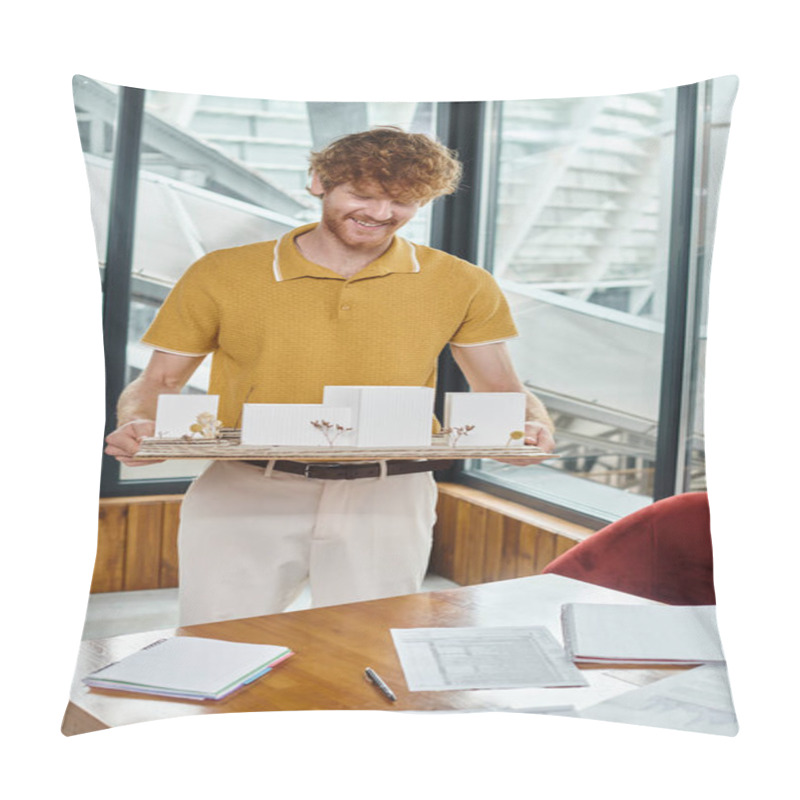 Personality  Red Haired Man Smiling And Holding Architecture Model With Glass On Background, Design Bureau Pillow Covers