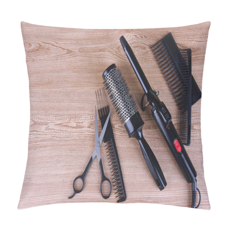 Personality  Professional Hairdresser Tools On Wooden Background Pillow Covers