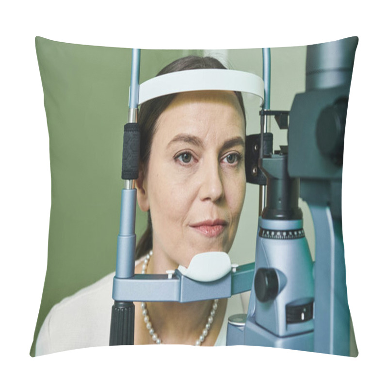 Personality  Attractive Female Patient Checking Her Vision. Pillow Covers