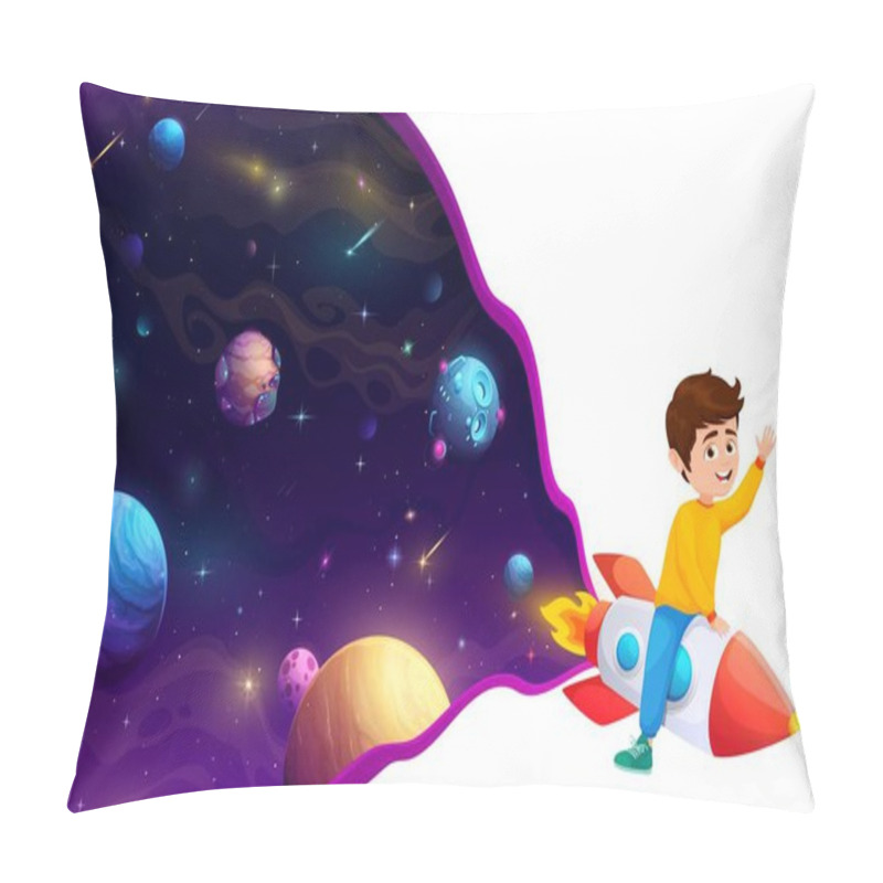 Personality  Cartoon Kid Boy On Space Rocket, Happy Child Astronaut On Galaxy Landscape. Adventurous Vector Infant Soaring Through Galaxy On Rocketship, Exploring Wonders Of Universe With Excitement And Curiosity Pillow Covers