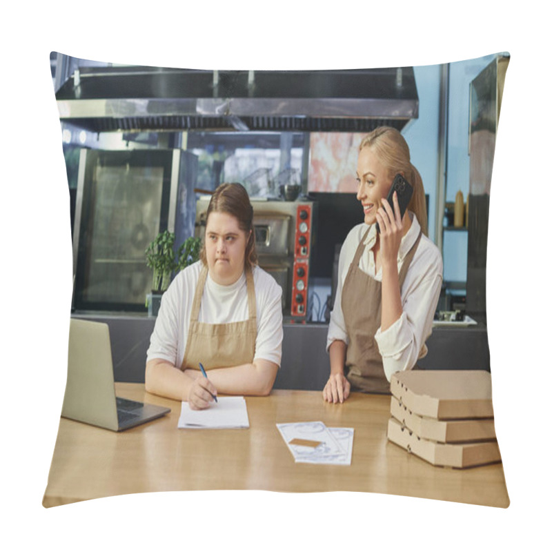 Personality  Young Woman With Mental Disorder Writing Order Near Laptop And Manager Talking On Smartphone In Cafe Pillow Covers