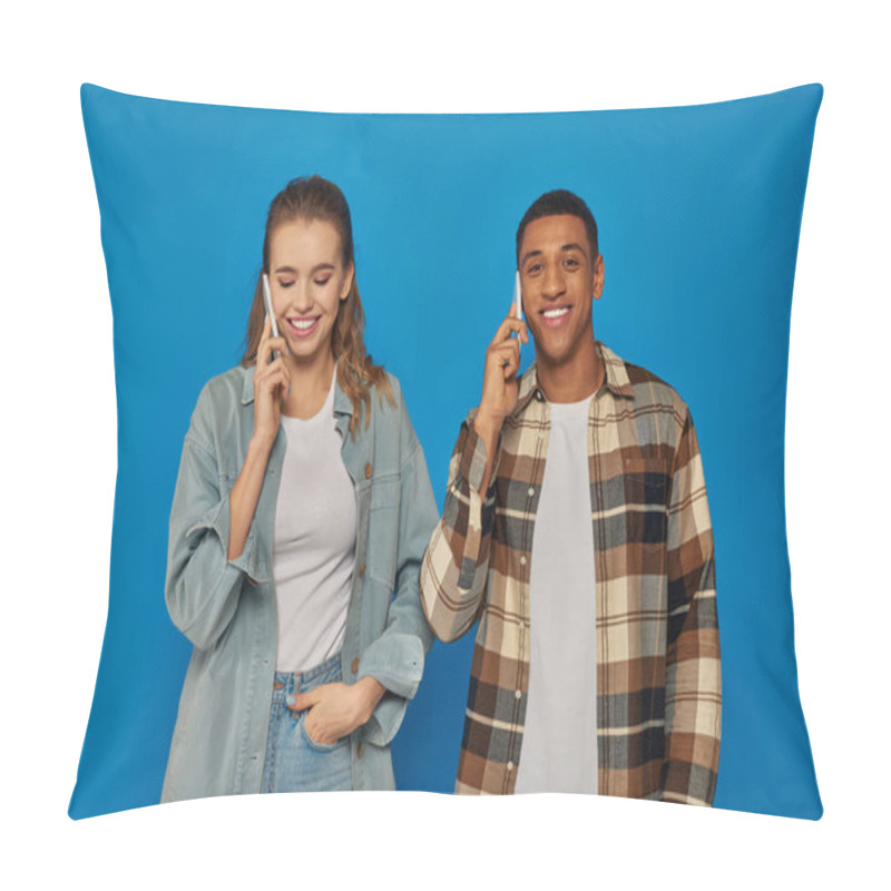 Personality  Cheerful Woman And Happy African American Man Having Phone Call, Using Smartphones On Blue Backdrop Pillow Covers