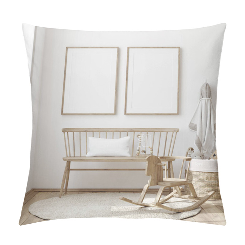 Personality  Mock Up Frame In Children Room With Natural Wooden Furniture, Farmhouse Style Interior Background, 3D Render Pillow Covers