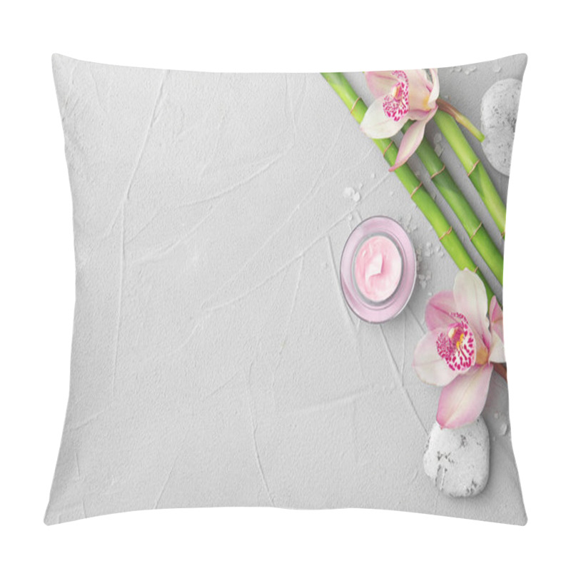 Personality  Composition With Bamboo Branches And Flowers On Light Background, Top View. Space For Text Pillow Covers