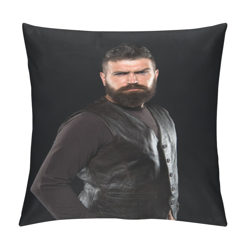 Personality  Man Confident And Brutal Style Black Background. Handsome Face. Man With Beard In Black Leather Clothes. Barbershop Concept. Grow Mustache. Fashion Model. Strict Mature Face. Facial Hair. Male Face Pillow Covers