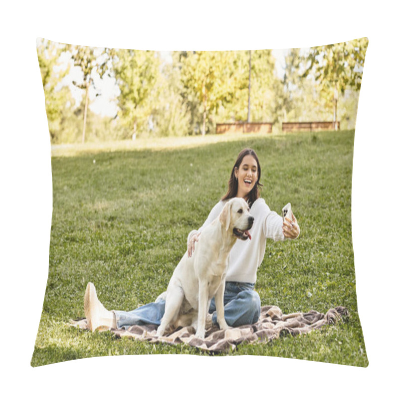 Personality  A Young Woman Enjoys A Sunny Autumn Day In The Park While Taking A Selfie With Her Dog. Pillow Covers