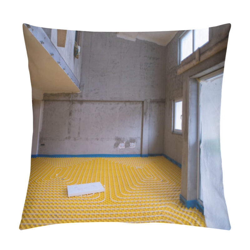 Personality  Yellow Underfloor Heating Installation With White Polyethylene Pipes On Construction Site Of New Two Level Apartment Pillow Covers