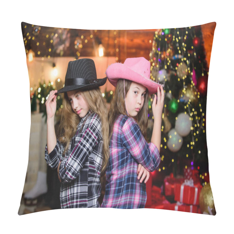 Personality  Christmas Party Concept. Girls Sisters Carnival Hats Costumes New Year Party. Kids Friends Celebrate Winter Holiday. Family Celebrate Christmas. Festive Atmosphere. Costume Party. Party Is On Pillow Covers