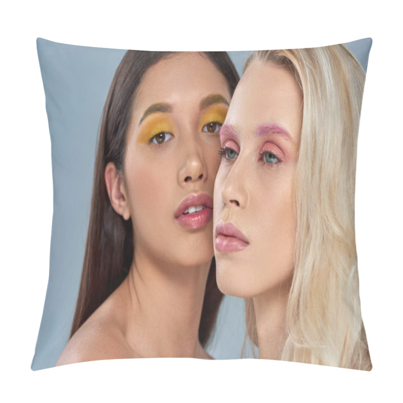 Personality  Interracial Women With Vibrant Eye Makeup Posing Together On Blue Backdrop, Expressive Eyes Pillow Covers