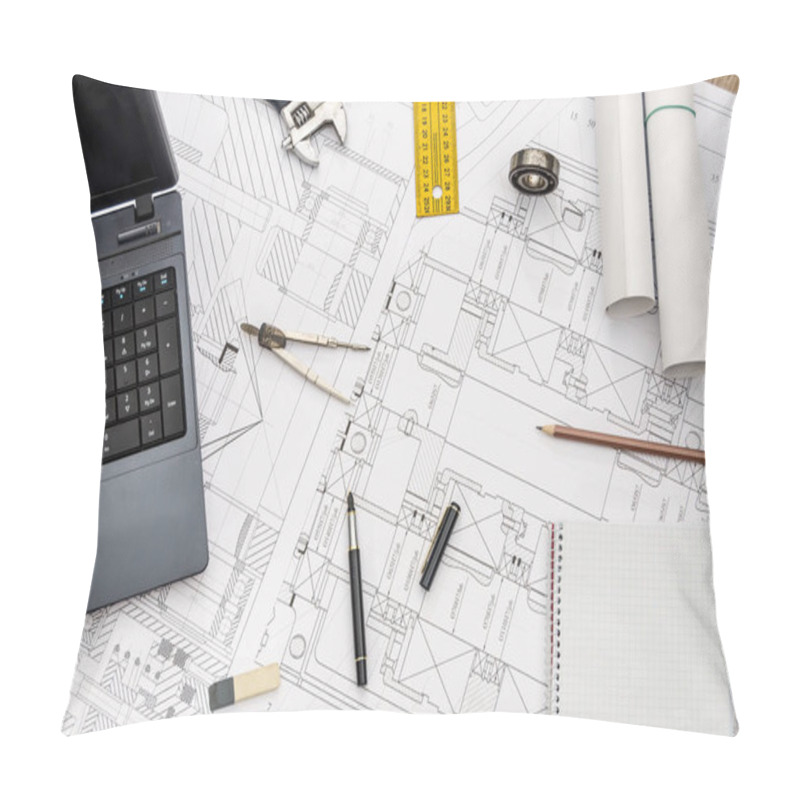 Personality  New Project Development, Engineer Workplace. Top View Pillow Covers