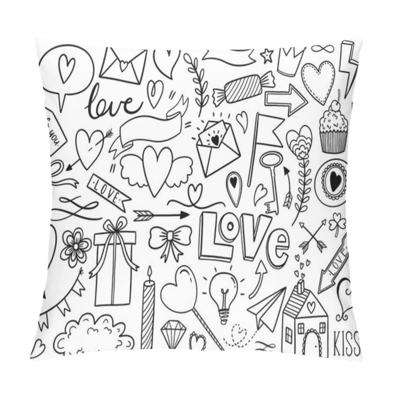 Personality  Valentines Day Doodle Set, Objects For Concept And Design, Vector Illustration Flat. Heart, Key, Bow, Crown, Sweets, Love Letter On White Background. Hand Drawn Holiday Sign. Pillow Covers