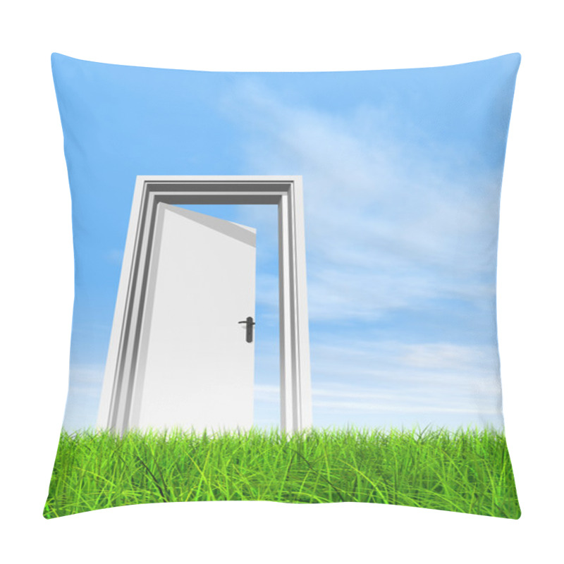 Personality  High Resolution Green, Fresh And Natural 3d Conceptual Grass Over A Blue Sky Background, A Opened Door At Horizon Pillow Covers