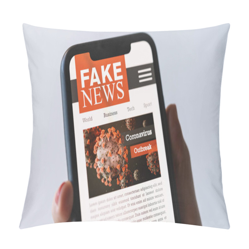 Personality  Online Corona Fake News On A Mobile Phone. Close Up Of Woman Reading Fake News Or Articles About Covid-19 In A Smartphone Screen Application. Hand Holding Smart Device. Mockup. COVID19 NCov Outbreak. Pillow Covers