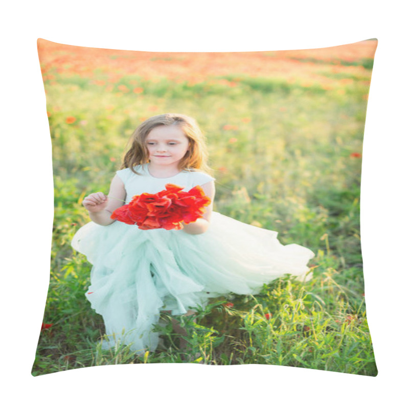 Personality  Flora, Freedom, Nature, Childhood, Kid Fashion Concept - Little Elegant Lady With Dark Curly Hair And Enigmatic Smile Stepping Through The Field, Holding Rich Red Bunch Of Wild Flowers Pillow Covers