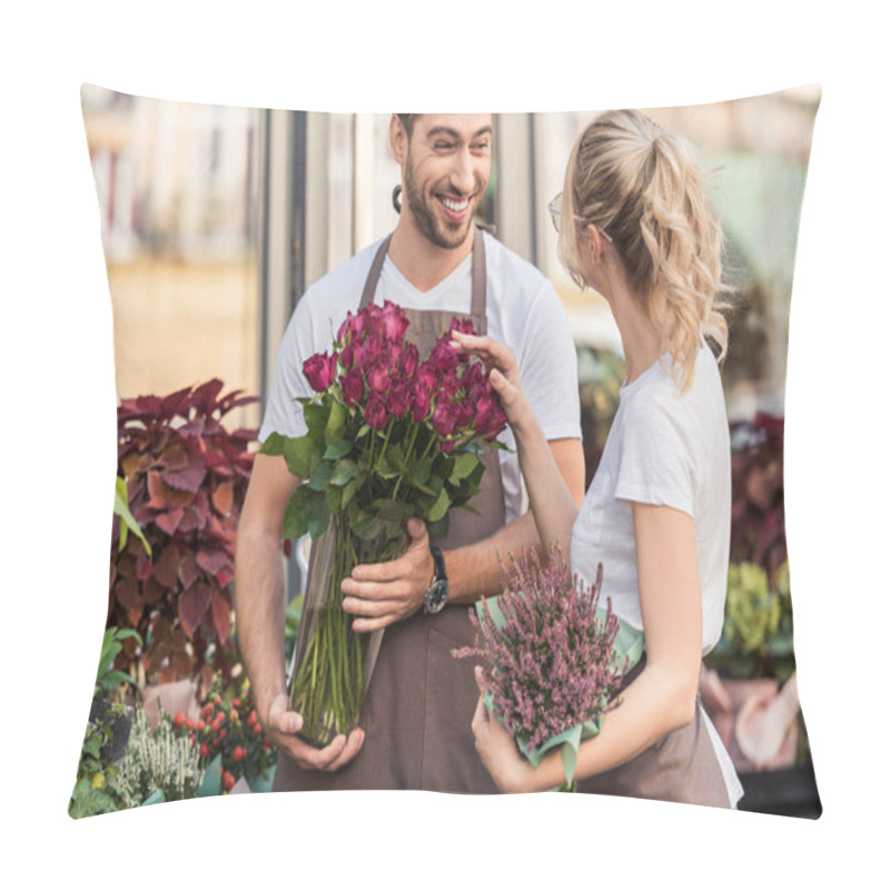 Personality  Smiling Florists Talking And Standing Near Flower Shop With Potted Plant And Burgundy Roses Pillow Covers