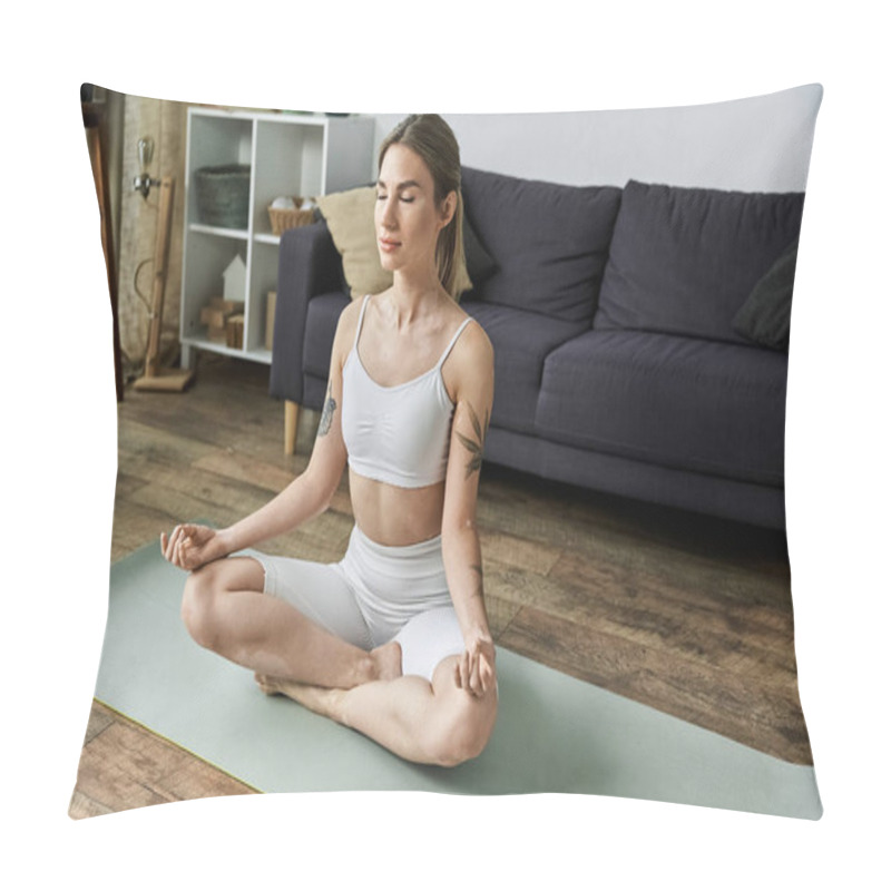 Personality  A Young Woman With Vitiligo Meditates In A Seated Yoga Pose On A Mat In Her Living Room. Pillow Covers