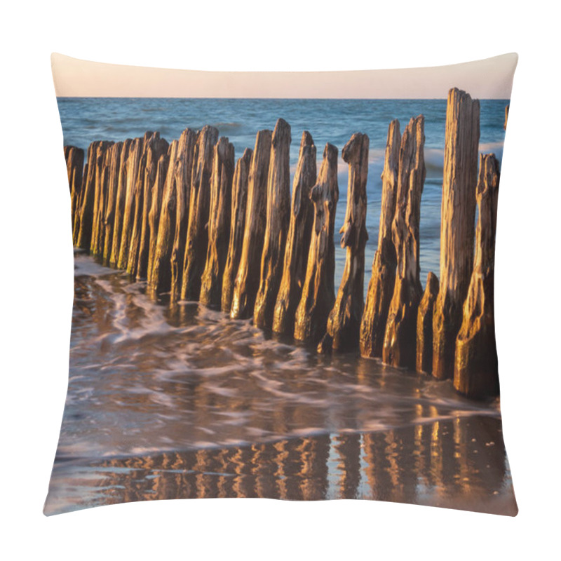 Personality  Sunset Over The Baltic Sea. View Of The Old Wooden Breakwater And Its Reflection In The Water. Mielno, Poland. West Pomeranian. Eastern Europe Pillow Covers