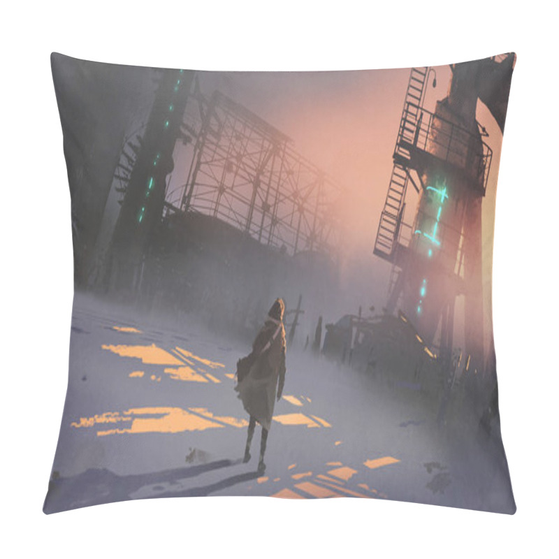 Personality  Man Looking At Abandoned Factory In A Cold Winter Morning, Digital Art Style, Illustration Painting Pillow Covers