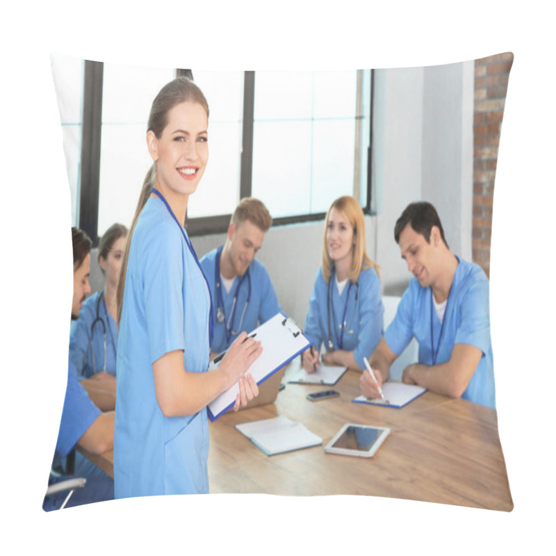 Personality  Medical Student With Groupmates In University Library Pillow Covers