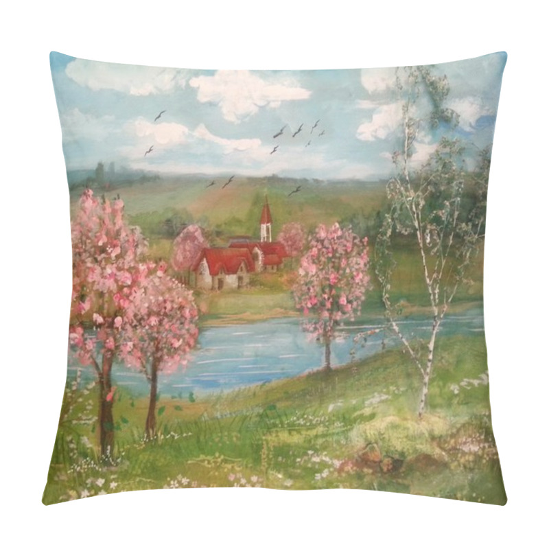 Personality  Summer Landscape, Trees, River And Rural Houses Pillow Covers