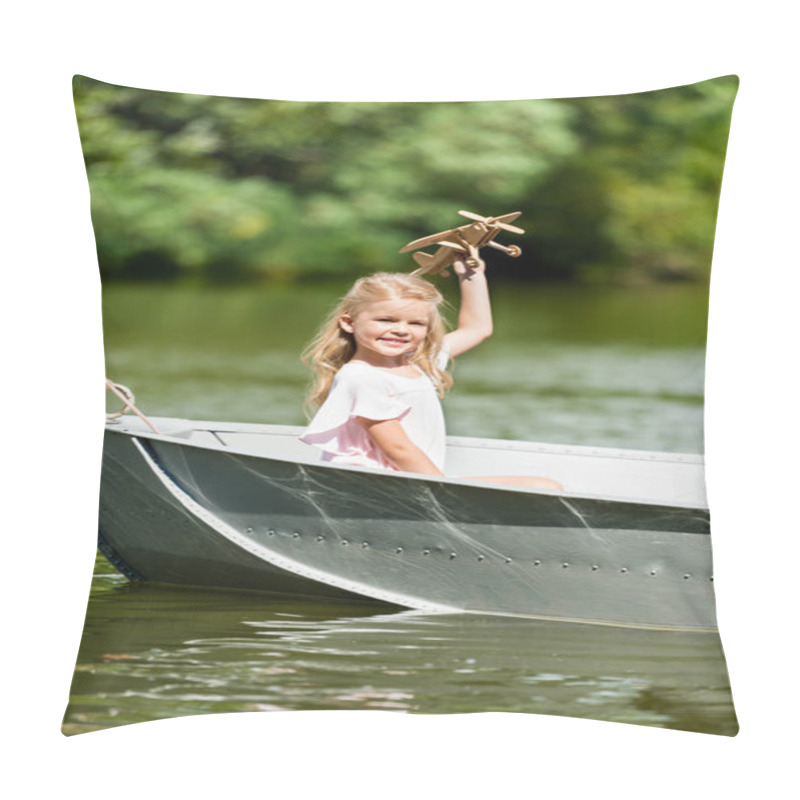 Personality  Beautiful Little Child Playing With Toy Plane Floating In Boat On Lake Pillow Covers