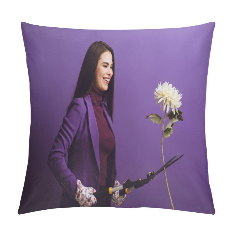 Personality  Cheerful Girl In Textile Gloves Cutting Chrysanthemum With Gardening Scissors On Purple Background Pillow Covers