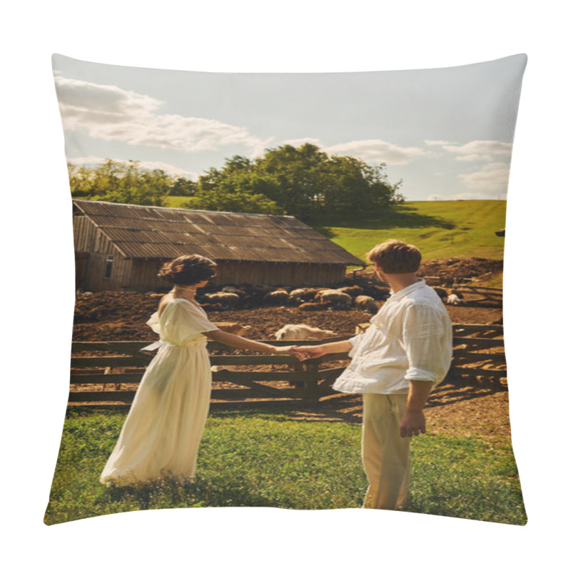 Personality  Rustic Wedding In Boho Style, Back View Of Newlyweds Holding  Hands And Looking At Livestock In Farm Pillow Covers