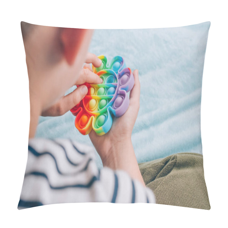 Personality  Closeup View Of A Boy Playing With Rainbow Pop It Fidget Toy. Push Bubble Fidget Sensory Silicon Stress Relief Toy. Antistress Toy For Child With Special Needs. Child Mental Health Concept Pillow Covers