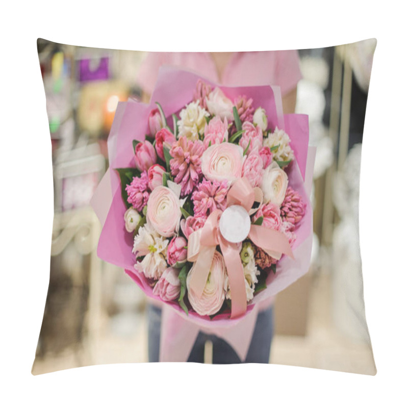 Personality  Girl In Pink Shirt Holding In Her Hands A Beautiful Big Bouquet Of Pink Tender Spring Flowers Pillow Covers