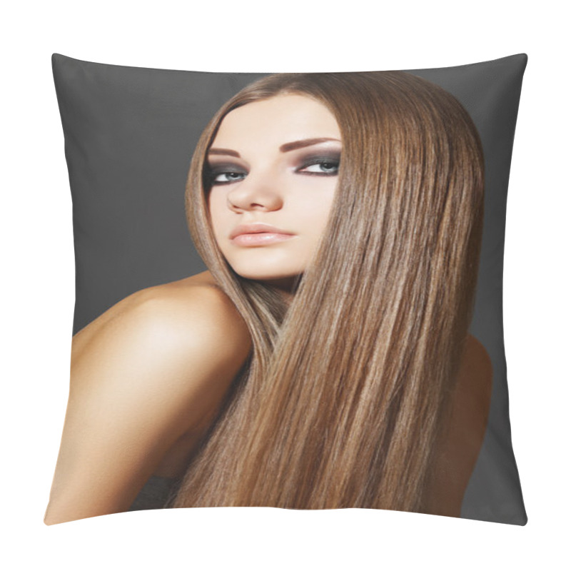 Personality  Wellness. Portrait Of Woman Model With Shiny Long Brown Hair Pillow Covers