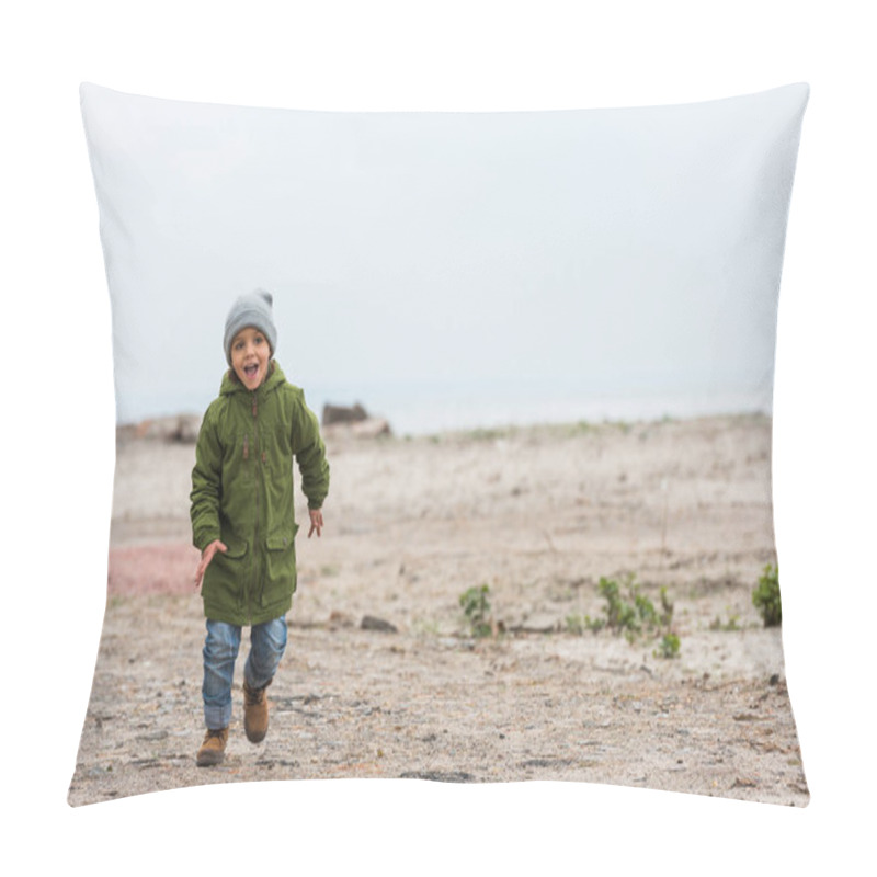 Personality  Boy Running By Seashore Pillow Covers