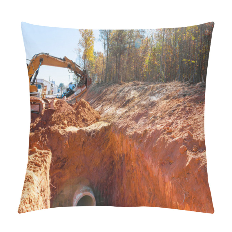 Personality  Heavy Excavator Digs Trench For Drainage Pipe At Construction Site During Excavation Work Pillow Covers