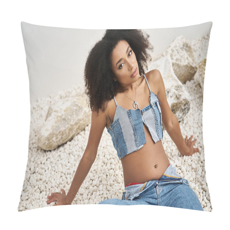 Personality  A Young Woman Exudes Confidence In Trendy Denim, Relaxing On A Unique Textured Surface. Pillow Covers