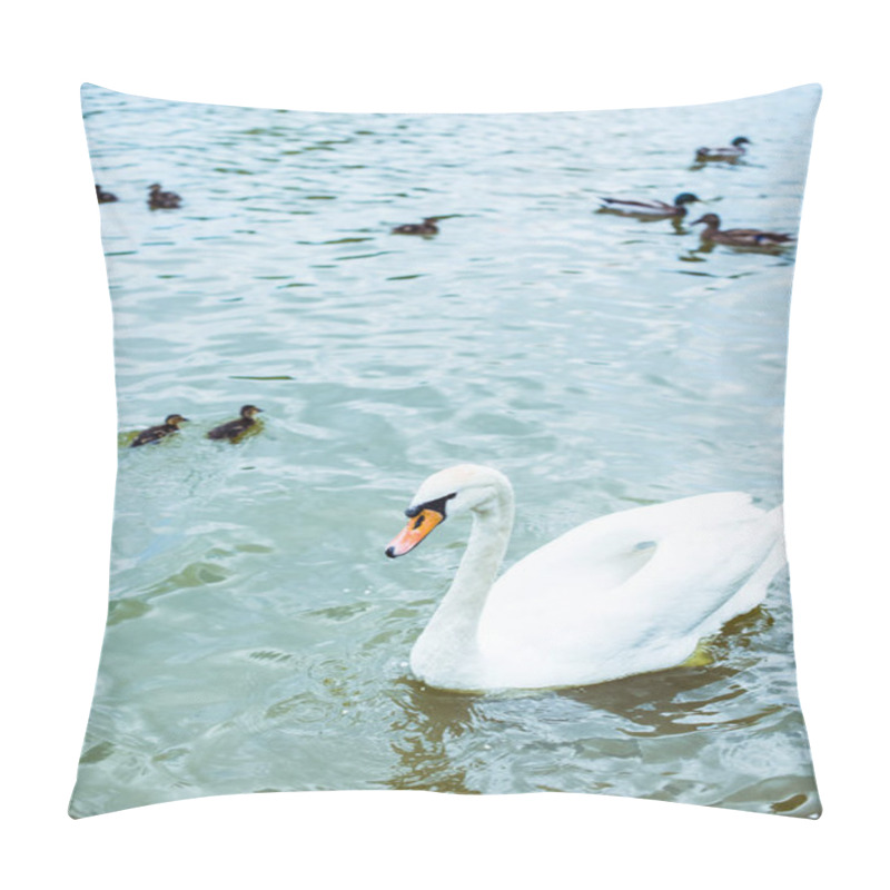 Personality  High Angle View Of White Swan Swimming In Blue Pond With Adorable Ducklings Pillow Covers