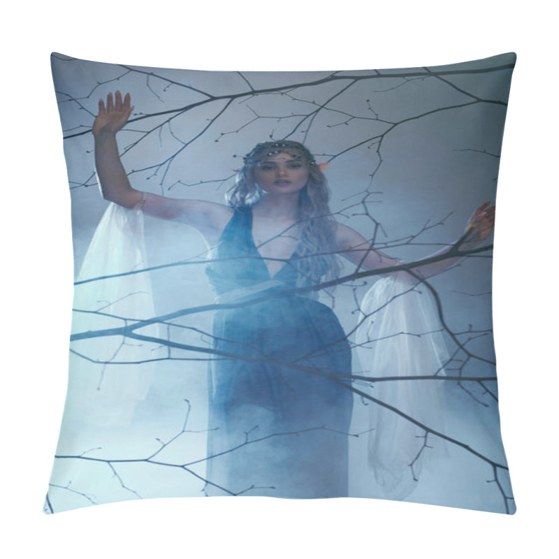 Personality  A Young Woman In A Flowing Blue Dress Stands Gracefully In Front Of A Majestic Tree, Embodying The Essence Of A Fairy Princess. Pillow Covers