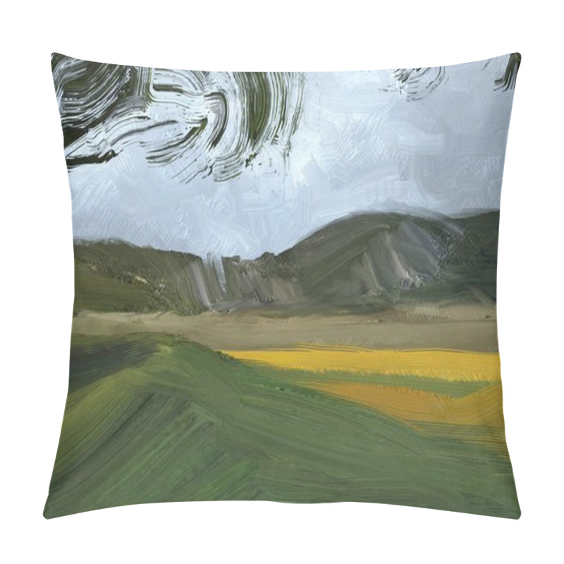 Personality  Colorful Green Countryside Field And Grass. Summer Time. 2d Illustration. Oil Painting Landscape Art. Rural Mountain Region. Pillow Covers