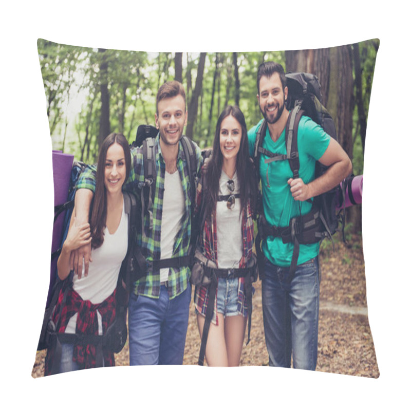 Personality  Trekking, Camping And Wild Life Concept. Four Best Friends Are Hiking In The Spring Woods, Ladies Are Talking And Laughing, All Are Excited And Anxious In  Jungle Trail Pillow Covers