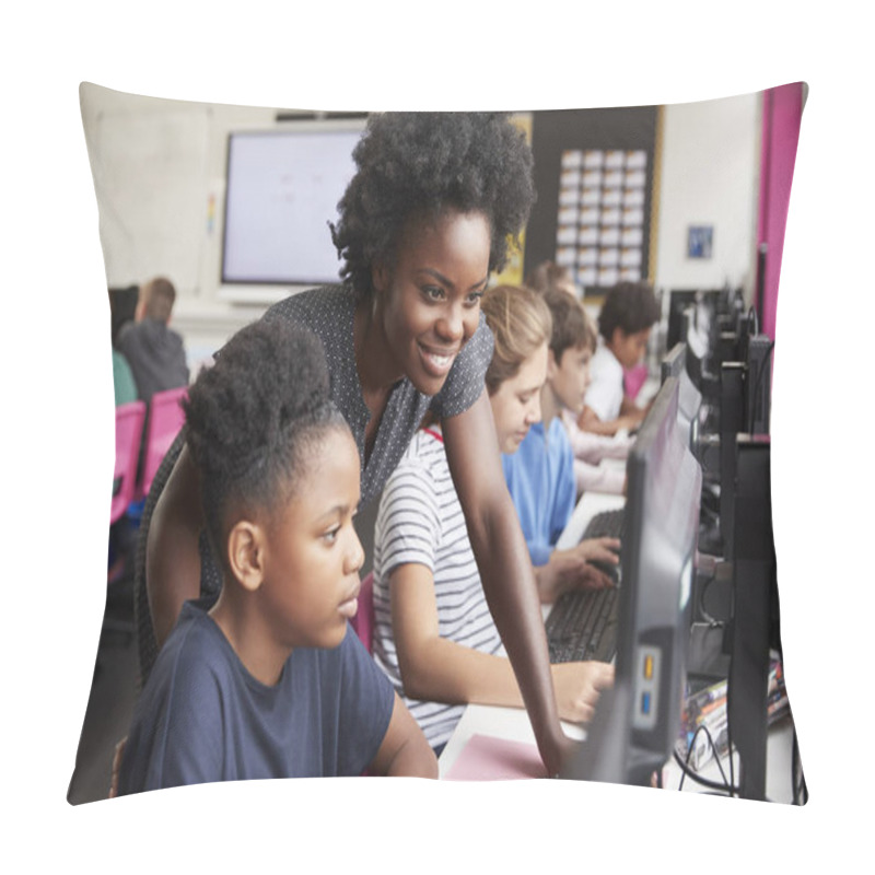 Personality  Teacher Helping Female Pupil Line Of High School Students Working At Screens In Computer Class Pillow Covers