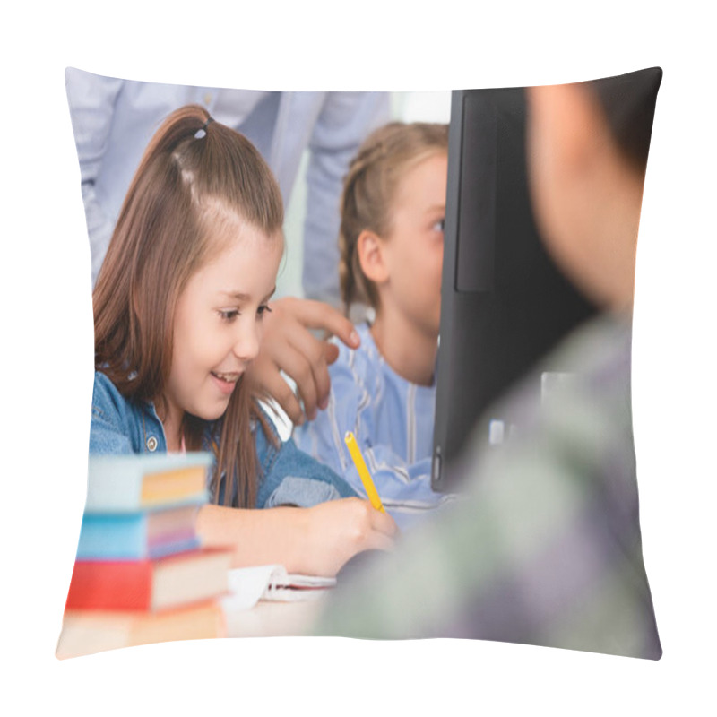 Personality  Selective Focus Of Teacher Standing Near Schoolgirl Writing On Notebook In Stem School  Pillow Covers