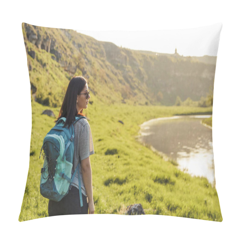 Personality  Traveler Woman With Backpack Looking Landscape View At Nature Green Field At Sunset, Tourism Concept Pillow Covers