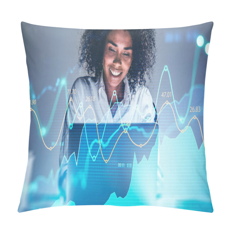 Personality  Cheerful Young African American Woman Using Laptop At Blurry Table With Double Exposure Of Financial Graph. Concept Of Trading And Financial Success. Toned Image Pillow Covers