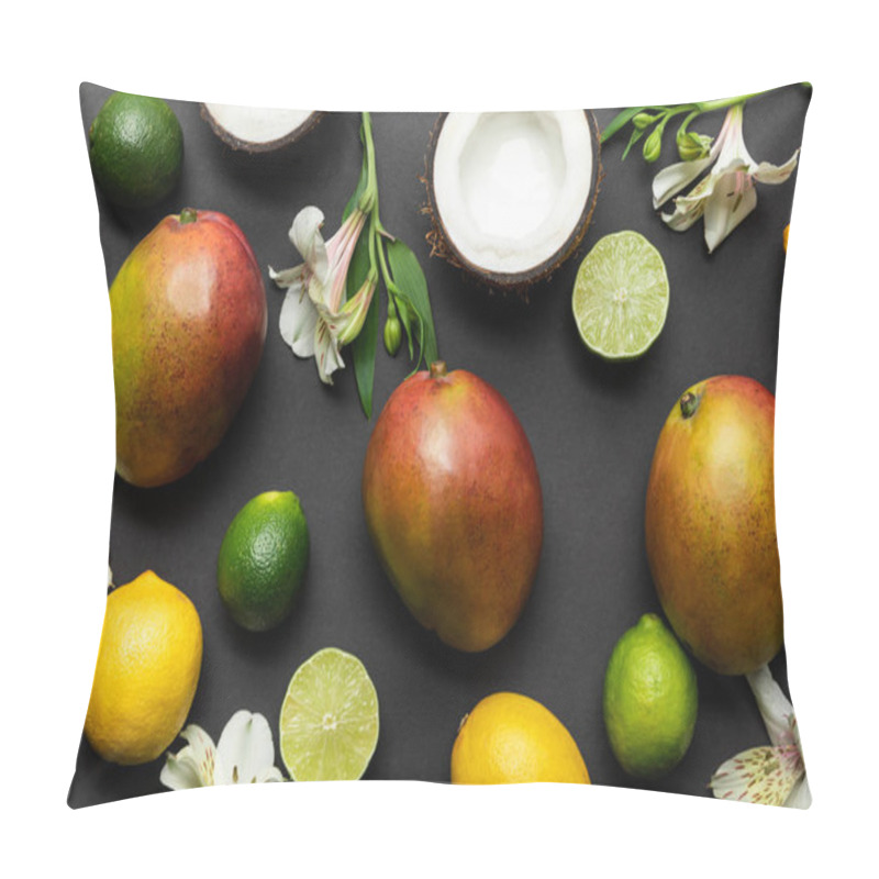 Personality  Top View Of Exotic Fruits With Alstroemeria Flowers On Black Background Pillow Covers